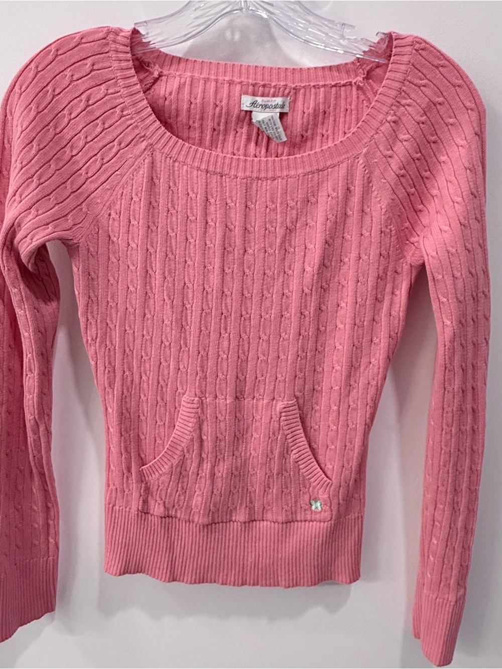 Vintage Y2K Aeropostale Pink Cable Knit Sweater Butterfly Logo Kangaroo Pocket